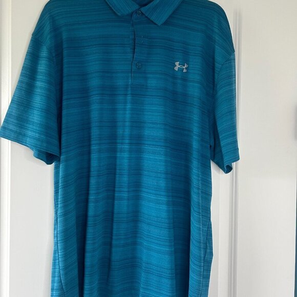 2 Men's Under Armour Polo Size XL EUC Blue and White n& Gray Stripes - Picture 4 of 6